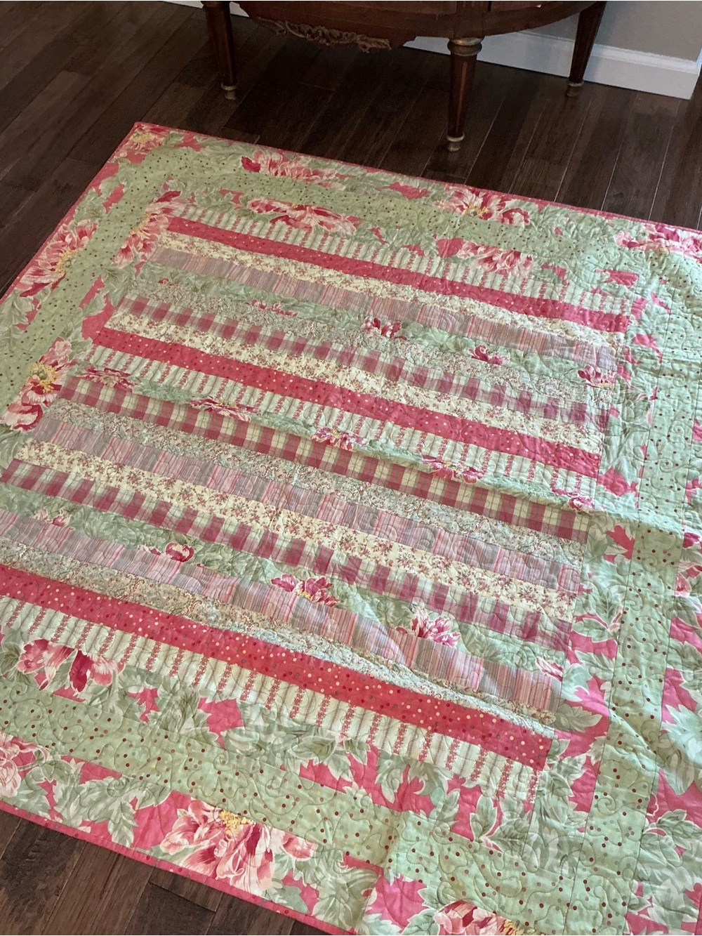 Striped Floral Quilted throw in Pink and Green